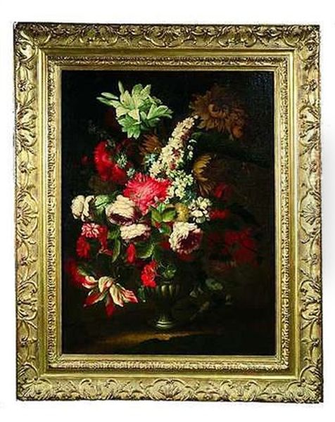 Blumenstraus In Einer Vase, Der Sich Aus Rosen, Tulpen, Nelken, Lilien, Sonnen- Und Anderen Blumen Zusammensetzt - view 1