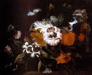 Roses, Volubilis, Chevrefeuille, Pivoines, Etc, Poses Sur Un Etablement, Autour Duquel Volent Des Papillons Et Un Scarabee