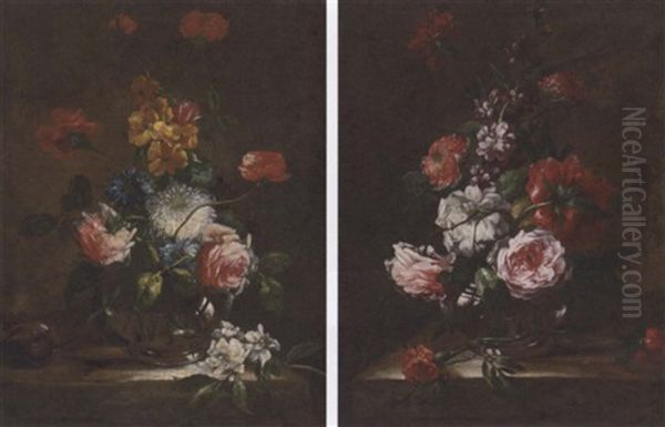 Poppies, Roses And Other Flowers In A Glass Vase On A Stone Ledge - view 1