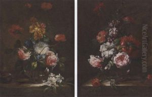 Poppies, Roses And Other Flowers In A Glass Vase On A Stone Ledge by Abraham Brueghel