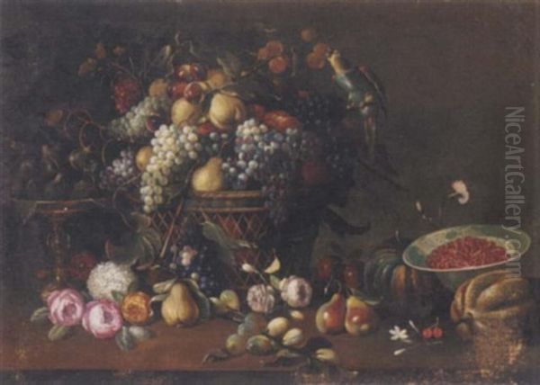 Pears, Grapes, Plums, Apricots And Other Fruit And A Parrot In A Basket, Figs On A Silver Tazza, Cherries In A Bowl With Other Fruit And Flowers On A Wooden Ledge - view 1