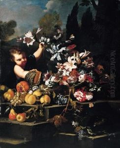 A Young Boy Arranging Flowers In An Urn With Peaches, Pears, Grapes, A Pomegranate And A Melon On Stone Steps In A Garden