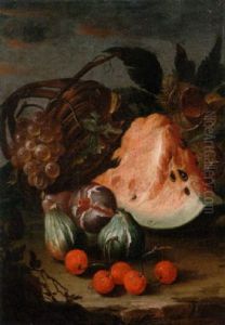 A Slice Of Watermelon, Figs, Cherries And Chestnuts With An Upturned Basket And Grapes On A Stone Ledge by Abraham Brueghel