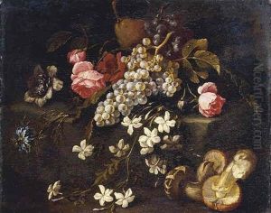 Still Life Of Fruit And Flowers Resting On A Stone Ledge With Mushrooms In The Foreground