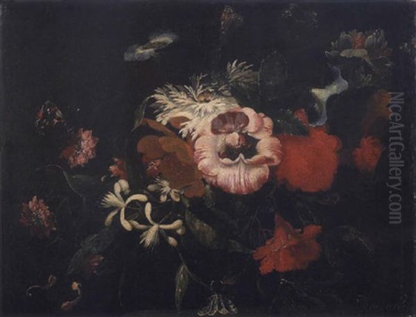 Roses, Volubilis, Chevrefeuille, Pivoines...poses Sur Un Entablement Et Autour Desquels Volettent Des Papillons Et Un Scarabee - view 1