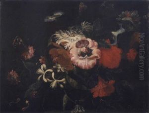 Roses, Volubilis, Chevrefeuille, Pivoines...poses Sur Un Entablement Et Autour Desquels Volettent Des Papillons Et Un Scarabee by Abraham Brueghel