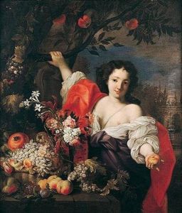 Still Life Of Fruit And Flowers With A Young Maid Servant, A Garden Beyond by Abraham Brueghel