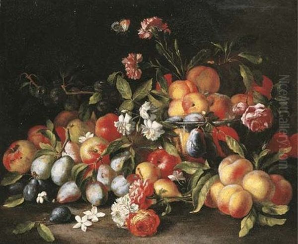 Apples, Pears, Peaches And Plums With Carnations, Roses, Peaches And Plums In A Glass Bowl With An Orange-tip Butterfly - view 1