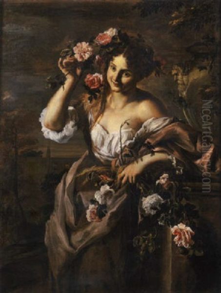 Figura Femminile Che Regge Fiori E Spighe, Presso Un Basamento Scolpito In Pietra Ed Un Vaso Da Giardino, Con Architetture Classiche Sullo Sfondo - view 1
