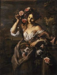 Figura Femminile Che Regge Fiori E Spighe, Presso Un Basamento Scolpito In Pietra Ed Un Vaso Da Giardino, Con Architetture Classiche Sullo Sfondo Figura Femminile Che Regge Fiori E Spighe, Presso Un Basamento Scolpito In Pietra Ed Un Vaso Da Giardino, Con Architetture Classiche Sullo Sfondo