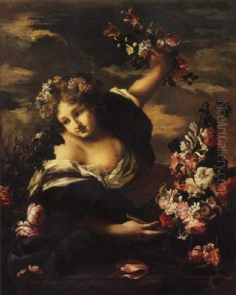 Figura Femminile Con Diadema Di Fiori, Flauto E Fiori Nella Mano Sinistra, Poggiata Su Un Piano Di Pietra Scolpito, Presso Un Vaso Di Fiori In Cristallo - view 1