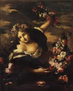 Figura Femminile Con Diadema Di Fiori, Flauto E Fiori Nella Mano Sinistra, Poggiata Su Un Piano Di Pietra Scolpito, Presso Un Vaso Di Fiori  In Cristallo