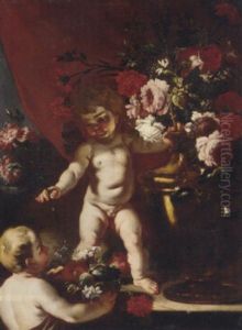 Putti With Carnations, Roses And Other Flowers In Urn