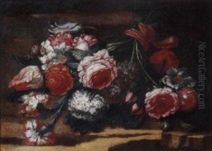 Roses, Tulips And Other Flowers Tied With A Pink Ribbon by Abraham Brueghel