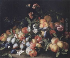 Natura Morta Di Mele, Prugne, Pere, Pesche, Alzata Di Pesche E Fiori by Abraham Brueghel