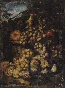 A Still Life Of Red Grapes, A Melon And Apples In A Wicker Basket, With Figs And White Grapes, Together With A Songbird In A Landscape Setting by Abraham Brueghel
