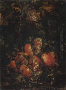 Still Life Of Pomegranates, Figs, And Grapes In A Landscape Setting