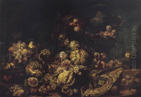 Vasellame Con Meloni, Uva, Melograni, Susine, Pere, Fichi E Grano, Un'alzata Con Pere E Susine E Un Vaso Di Vetro Con Pere, Uva E Pesche, In Un Giardino Italiano - view 1