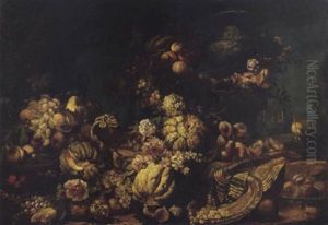 Vasellame Con Meloni, Uva, Melograni, Susine, Pere, Fichi E Grano, Un'alzata Con Pere E Susine E Un Vaso Di Vetro Con Pere, Uva E Pesche, In Un Giardino Italiano by Abraham Brueghel