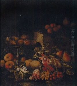 Figs On A Silver Tazza With Apples, Lemons, Pears, Plums, Gooseberries And Flowers By A Stone Ledge In A Landscape