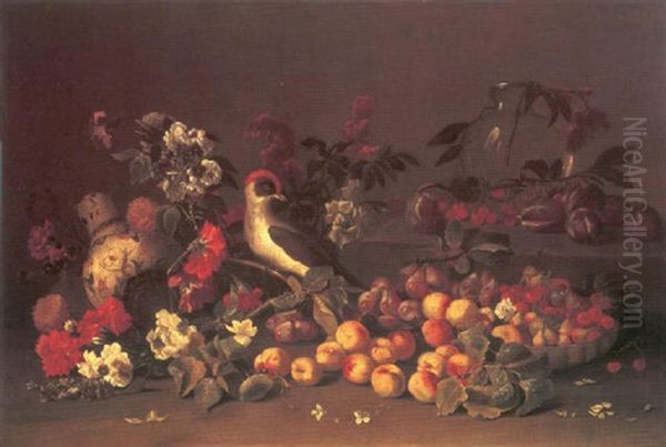 A Still Life Of A Green Woodpecker Standing On A Sprig Of Flowers Beside An Upturned Porcelain Vase Amid Figs, Plums, Cherries And Peaches - view 1