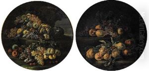 Grapes, Lemons, Oranges, Pears, Cherries, Peaches And Melons On A Stone Ledge In A Landscape
