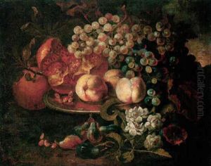 Still Life Of Peaches, Pomegranates And Grapes Upon A Pewter Plate, Together With Figs And Roses
