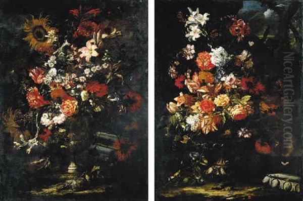 Still Life Of Roses, Parrot Tulips, Carnations And Lilies In A Terracotta Vase In A Landscape - view 1