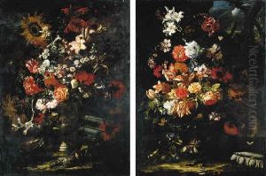 Still Life Of Roses, Parrot Tulips, Carnations And Lilies In A Terracotta Vase In A Landscape by Abraham Brueghel