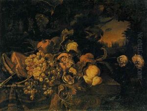 Grapes On The Vine, Melon, Pomegranates And Other Fruit, With A Cup And Cover On A Draped Table By A Rose Plant, In A Landscape by Abraham Brueghel