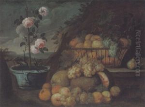 Stilleben Mit Fruchten Und Tongefass Mit Einem Rosenstrauch In Einer Landschaft by Abraham Brueghel