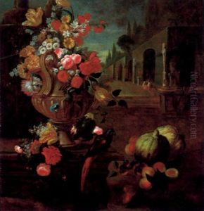 Blumen In Einer Steinernen Prunkvase Mit Fruchten Und Einem Papagei In Einem Schlospark
