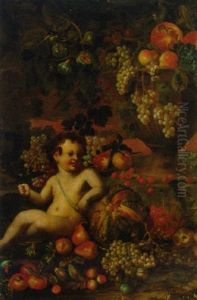 A Putto Amongst Fruit In A Landscape, With Fruit In An Urn Beyond