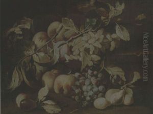 Still Life Of Red And White Grapes, Peaches And Plums On A Stone Ledge by Abraham Brueghel