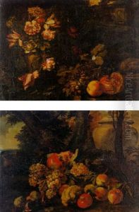 Tulips, Narcissi, Marigolds And Other Flowers In An Urn, With Grapes, A Pomegranate, An Apple And Other Fruit Of A Ledge