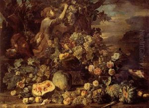Still Life Of Watermelon, Melons, Figs, Grapes, Pomegranates, And Peaches, With Children Playing (an Allegory Of Autumn) by Abraham Brueghel