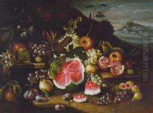 Grapes, Apples, Pears, Figs, Pomegranates And A Watermelon On A Ledge With A Landscape Beyond