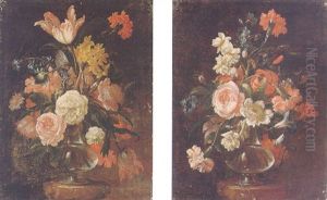 Still Life Of Roses, Carnations, Tulips And Other Flowers In A Glass Vase, Upon A Stone Ledge