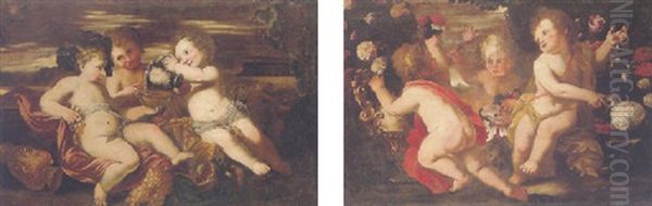 Putti Disporting With Flowers And Drinking Wine - view 1