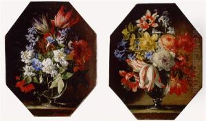 Tulips, Chrysanthemums, Dahlias, Narcissi And Other Flowers In A Glass Vase On A Stone Ledge by Abraham Brueghel