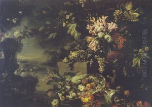 A Still Life Of Lilies And Carnations In A Glass Vase, With Grapes, A Silver Ewer And Basin And Other Fruits And Flowers, A Coastal Landscape Beyond by Abraham Brueghel
