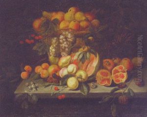 A Pomegranate, Apples, Peaches, Pears, Cherries And Grapes In A Basket With Other Fruit Strewn On A Stone Ledge by Abraham Brueghel