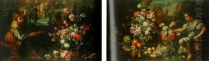 A Girl Picking Grapes By A Bunch Of Roses, Narcissi And Other Flowers In An Ornamental Vase With Fruit In A Landscape
