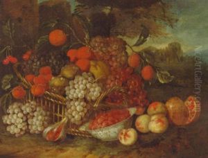 Grapes, Oranges, Cherries, A Lemon And Other Fruits In A Basket And On A Bank, A Landscape Beyond by Abraham Brueghel