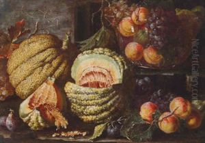 A Melon, Peaches, Plums And Grapes With A Glass Bowl Of Peaches And Grapes On A Ledge by Abraham Brueghel