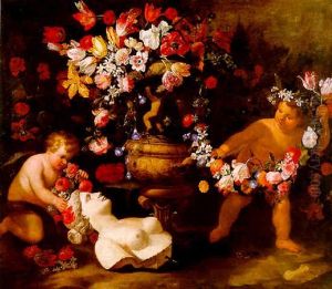 Putti Jouant Avec Des Guirlandes De Fleurs Et Le Buste De Flore by Abraham Brueghel