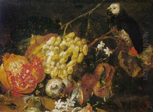 A Pomegranate, Grapes, Fig And Flowers With A Parrot by Abraham Brueghel