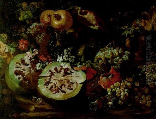 Still Life Of Watermelons, Grapes, Pomegranates, Carnations And Others Flowers - view 1