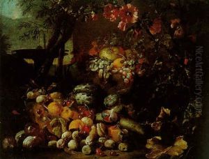 A Still Life Of Fruit In A Basket Together With A Glass Bowl Filled With Plums And Fruit In An Ornamental Garden Setting by Abraham Brueghel