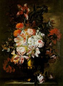 Nature Morte Au Bouquet De Fleurs Dans Un Vase En Bronze Sur Un Entablement De Pierre